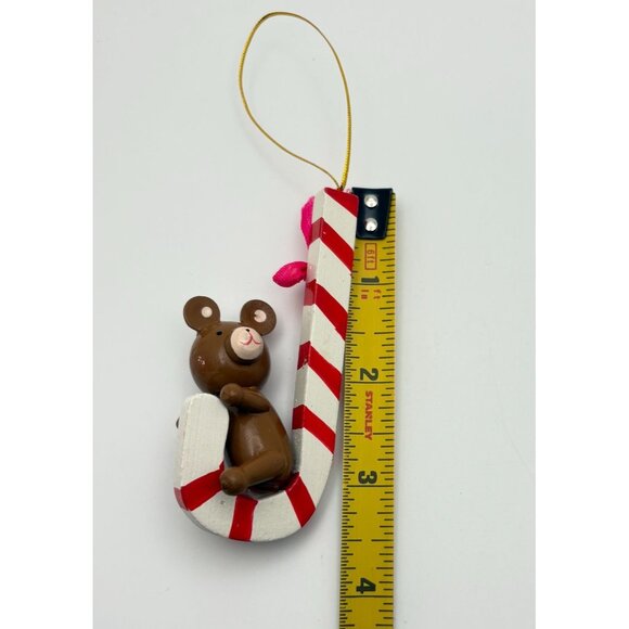 Vintage Christmas Bear Tree Ornament Wooden Hugging Candy Cane 3.5 Inch - Picture 3 of 6